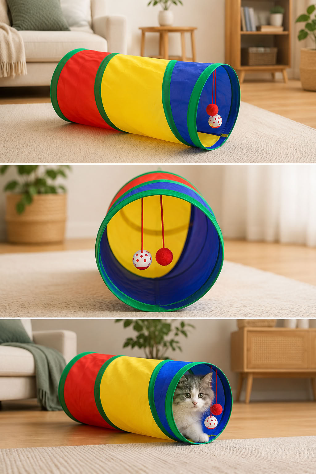 90 cm renkli katlanabilir kedi oyun tüneli, asılı toplu oyuncak tünel, geniş iç hacimli kedi oyuncağı ve ev içi oyun alanı