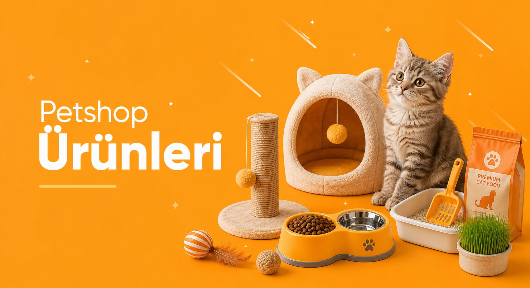 Kedi petshop ürünleri, kedi evi, mama kabı, tırmalama tahtası, kedi oyuncağı ve bakım ürünleri