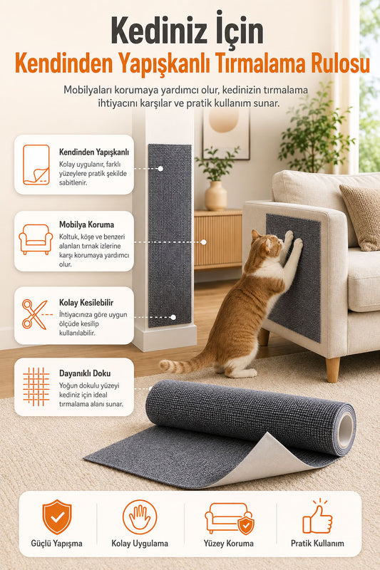 Kendinden yapışkanlı kedi tırmalama rulosu, koltuk ve mobilya yüzeylerinde kullanılan kesilebilir kedi tırmalama halısı