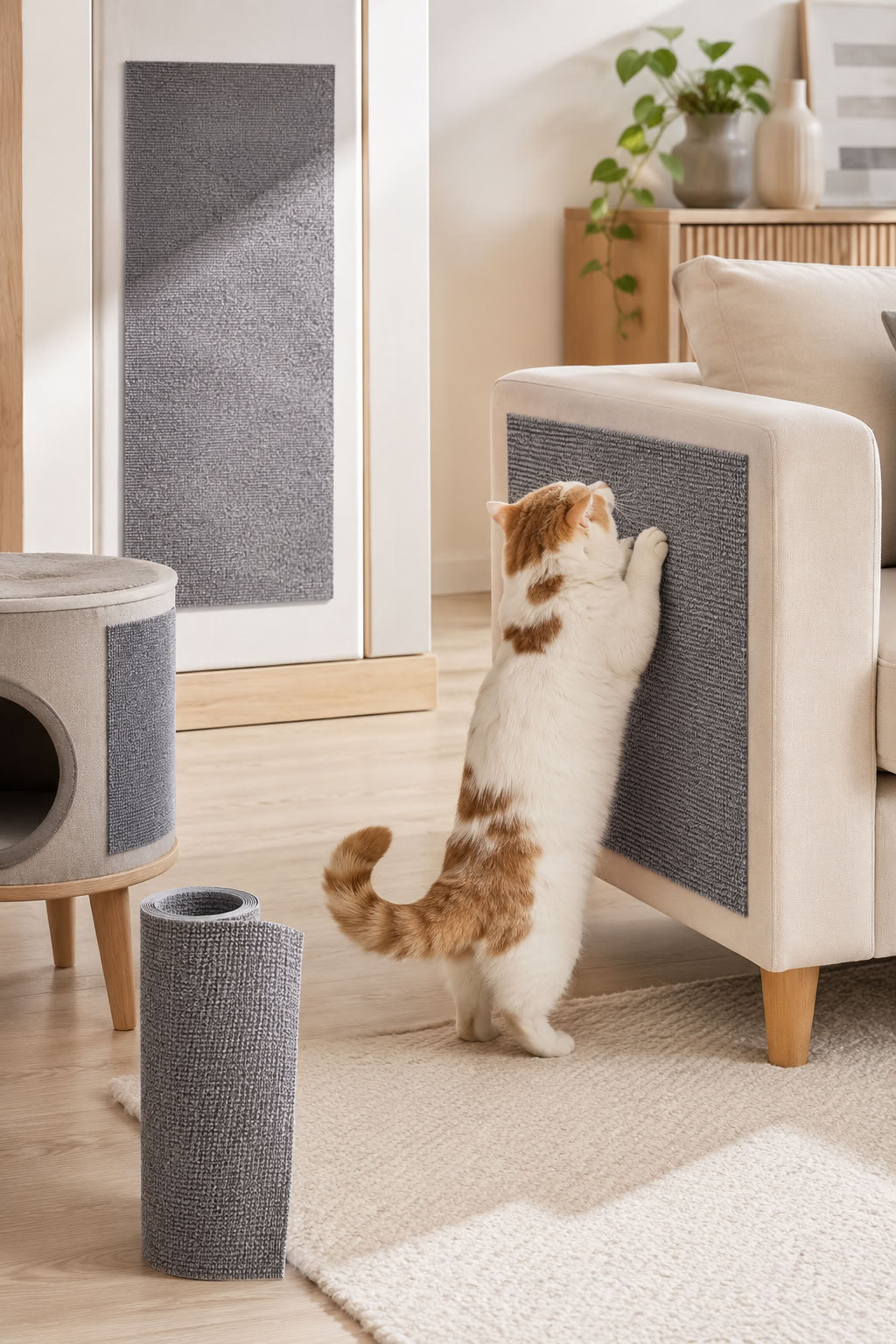 Kendinden yapışkanlı kedi tırmalama rulosu, koltuk ve mobilya yüzeylerinde kullanılan kesilebilir kedi tırmalama halısı