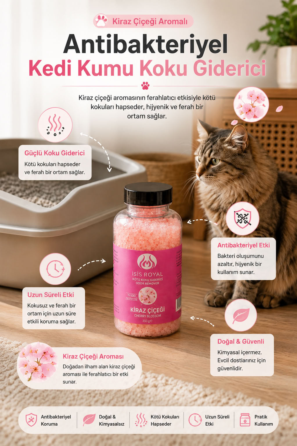 Kiraz çiçeği aromalı antibakteriyel kedi kumu koku giderici 350 g, kedi tuvaleti kokusunu azaltmaya yardımcı ferahlatıcı ürün