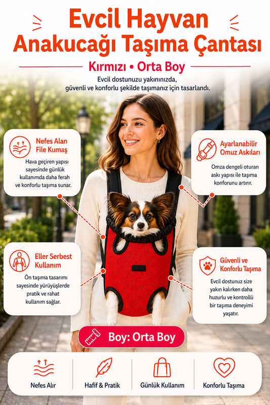 Kırmızı orta boy evcil hayvan anakucağı taşıma çantası, nefes alan file kumaşlı, ayarlanabilir omuz askılı, kedi ve küçük ırk köpekler için konforlu ön taşıma çantası