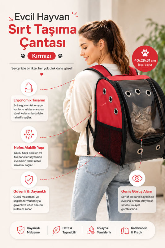Kırmızı kedi köpek taşıma sırt çantası, 40x28x31 cm şeffaf panelli evcil hayvan taşıma çantası, nefes alabilir kedi seyahat çantası