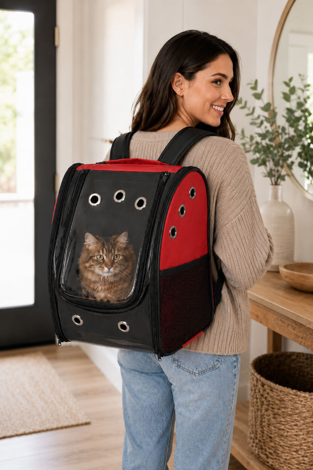 Kırmızı kedi köpek taşıma sırt çantası, 40x28x31 cm şeffaf panelli evcil hayvan taşıma çantası, nefes alabilir kedi seyahat çantası