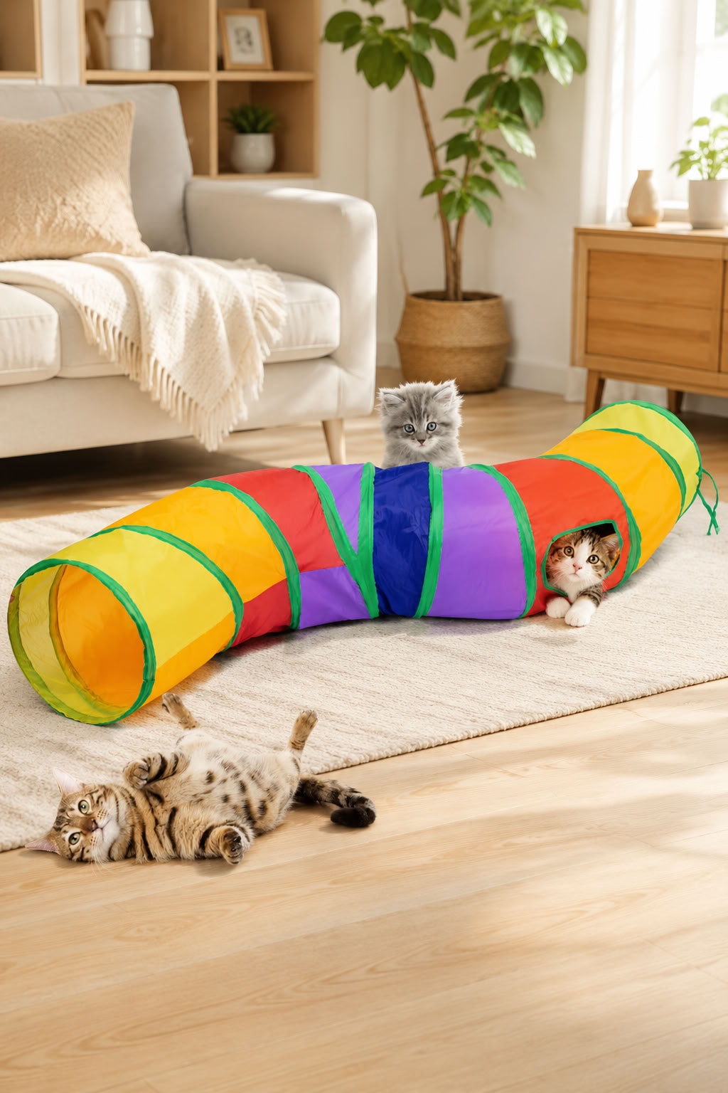 Kıvrımlı renkli kedi oyun tüneli, katlanabilir oyuncak tünel, asılı toplu kedi oyuncağı ve evcil hayvan oyun alanı