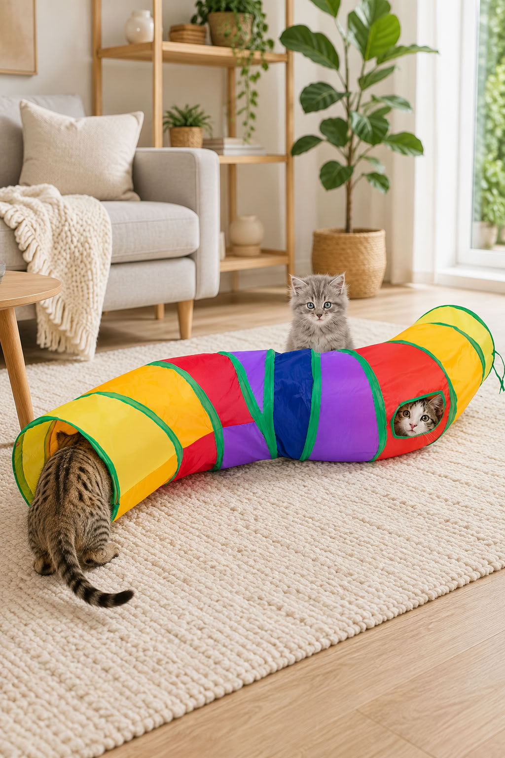 Kıvrımlı renkli kedi oyun tüneli, katlanabilir oyuncak tünel, asılı toplu kedi oyuncağı ve evcil hayvan oyun alanı