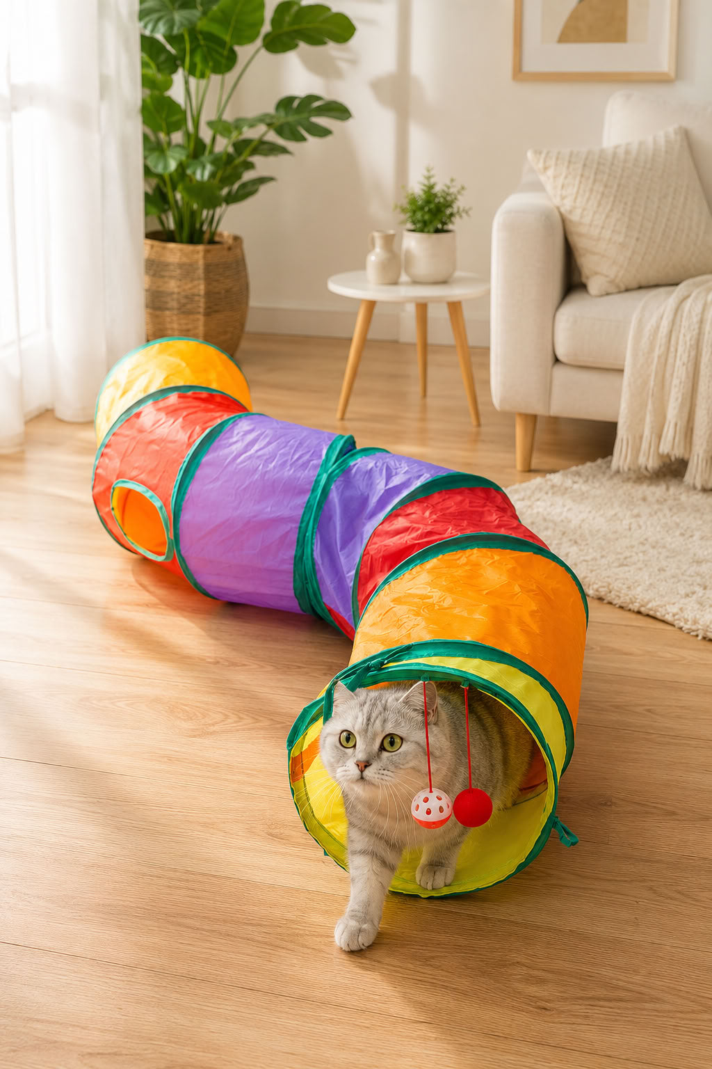 Kıvrımlı renkli kedi oyun tüneli, katlanabilir oyuncak tünel, asılı toplu kedi oyuncağı ve evcil hayvan oyun alanı
