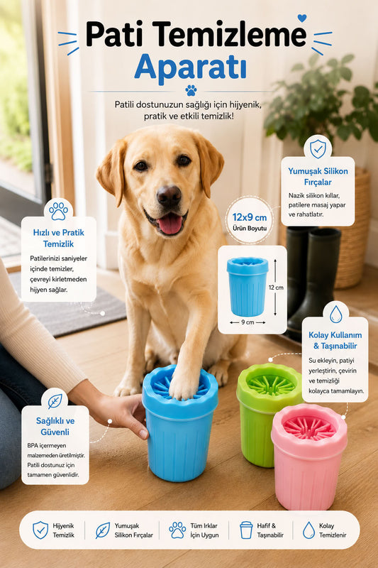 Köpek pati temizleme aparatı, 12x9 cm ölçülü, yumuşak silikon fırçalı, su hazneli taşınabilir pati yıkama kabı, yürüyüş sonrası pratik temizlik ürünü