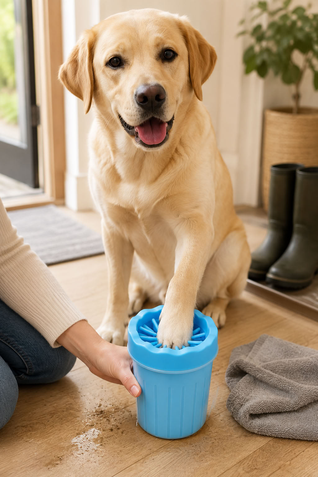 Köpek pati temizleme aparatı, 12x9 cm ölçülü, yumuşak silikon fırçalı, su hazneli taşınabilir pati yıkama kabı, yürüyüş sonrası pratik temizlik ürünü