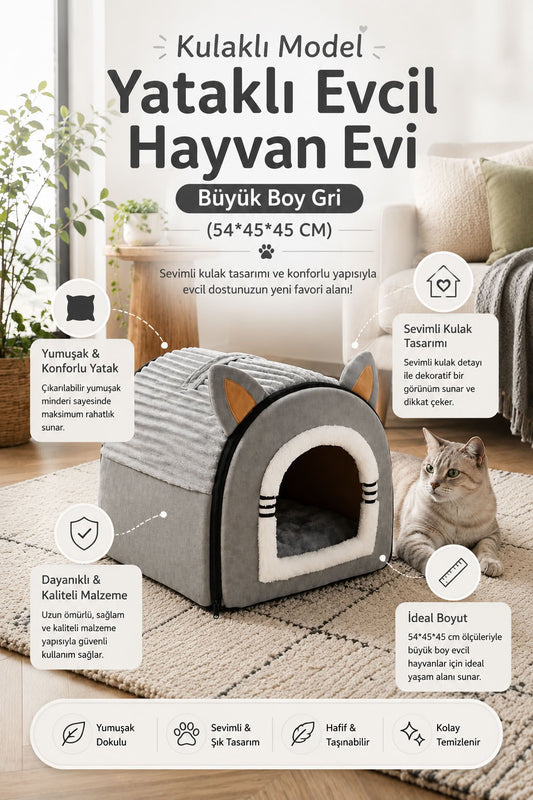 Gri renk kulaklı model büyük boy yataklı kedi evi, kapalı evcil hayvan evi, dekoratif kedi kulübesi ve konforlu kedi yatağı