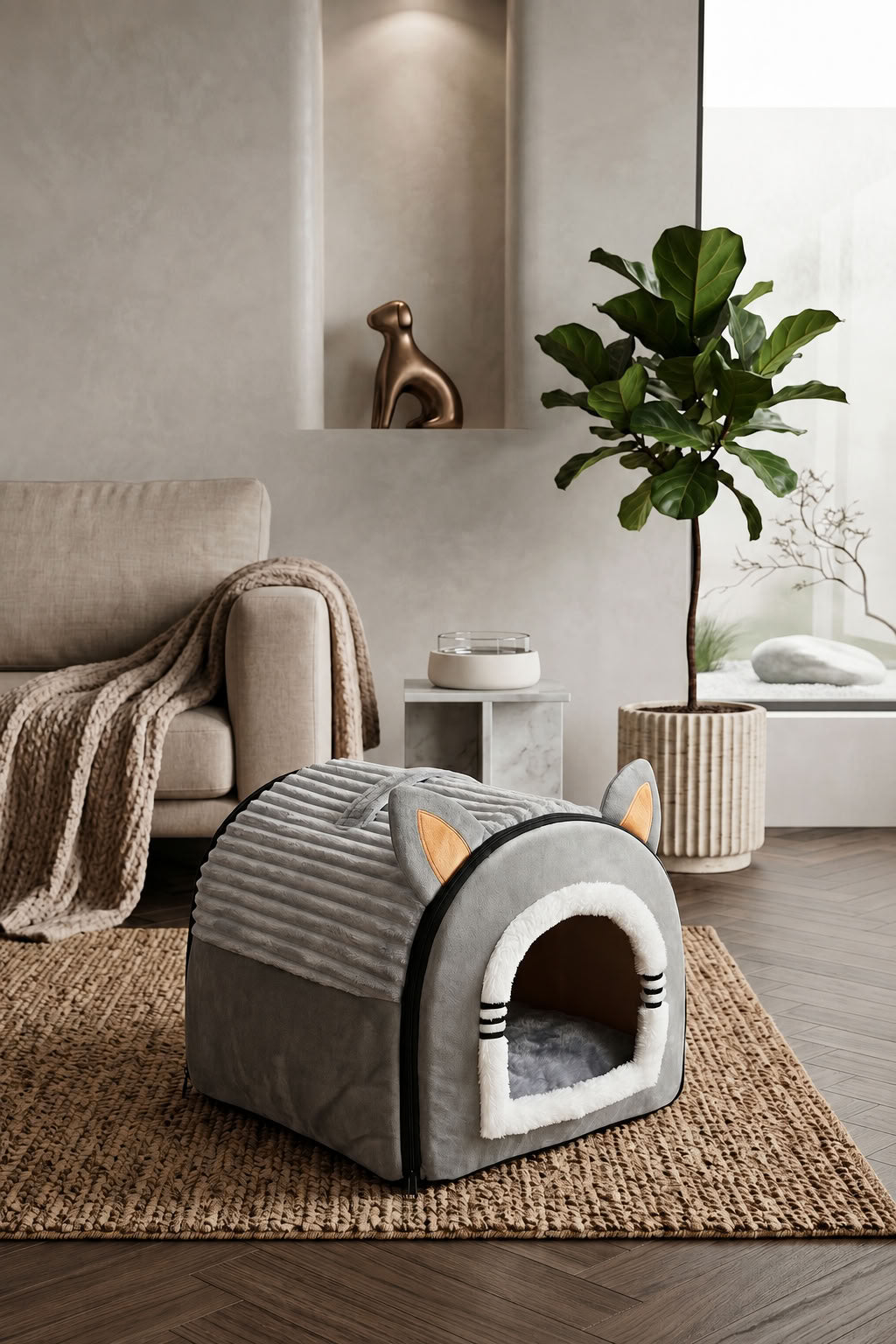 Gri renk kulaklı model büyük boy yataklı kedi evi, kapalı evcil hayvan evi, dekoratif kedi kulübesi ve konforlu kedi yatağı