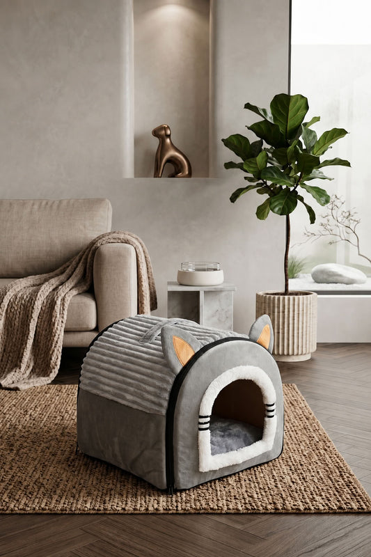 Gri renk kulaklı model büyük boy yataklı kedi evi, kapalı evcil hayvan evi, dekoratif kedi kulübesi ve konforlu kedi yatağı