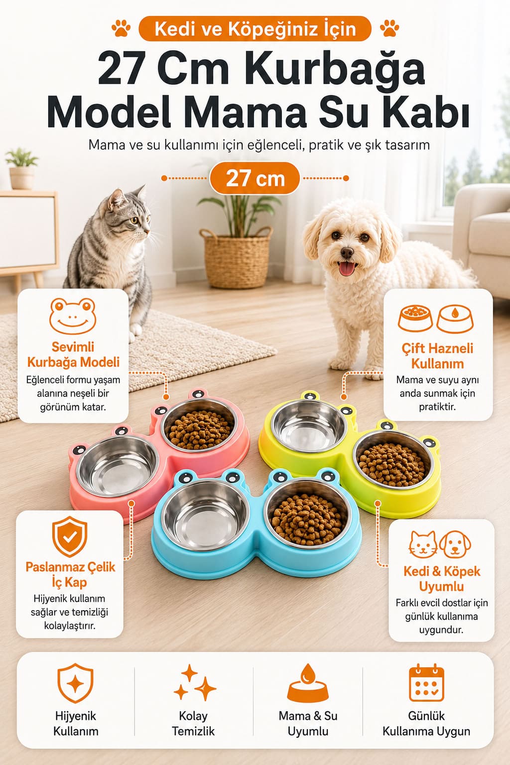 Kurbağa model ikili mama su kabı, 27 cm ölçülü, paslanmaz çelik taslı, renkli kedi ve köpek mama su kabı, çift hazneli evcil hayvan kabı