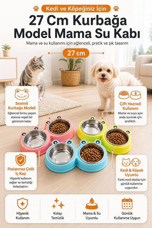 Kurbağa model ikili mama su kabı, 27 cm ölçülü, paslanmaz çelik taslı, renkli kedi ve köpek mama su kabı, çift hazneli evcil hayvan kabı