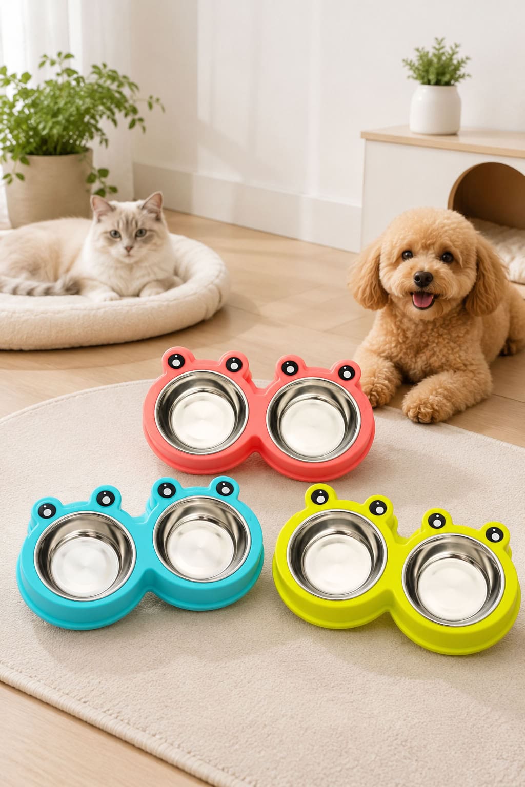 Kurbağa model ikili mama su kabı, 27 cm ölçülü, paslanmaz çelik taslı, renkli kedi ve köpek mama su kabı, çift hazneli evcil hayvan kabı
