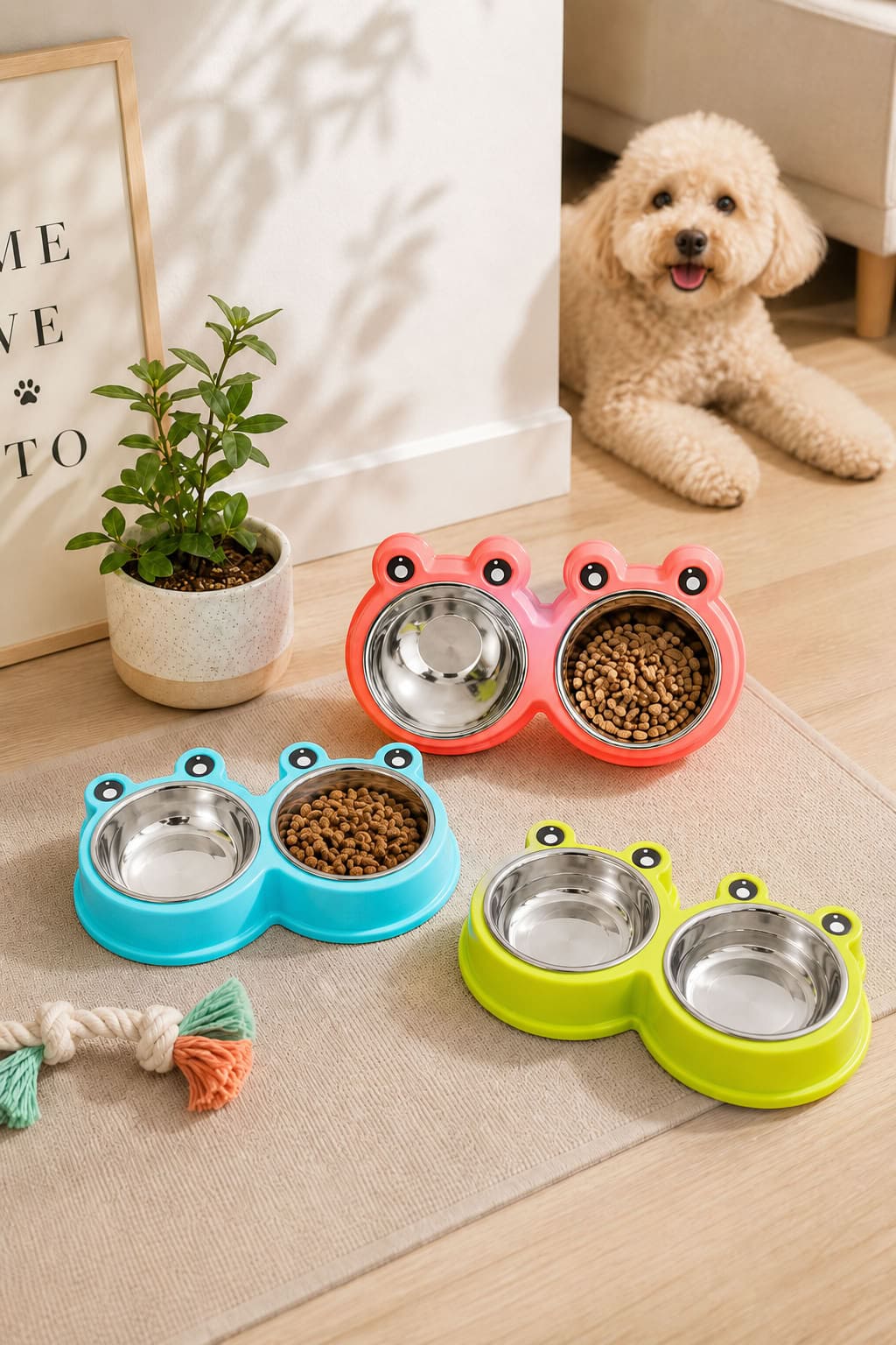 Kurbağa model ikili mama su kabı, 27 cm ölçülü, paslanmaz çelik taslı, renkli kedi ve köpek mama su kabı, çift hazneli evcil hayvan kabı