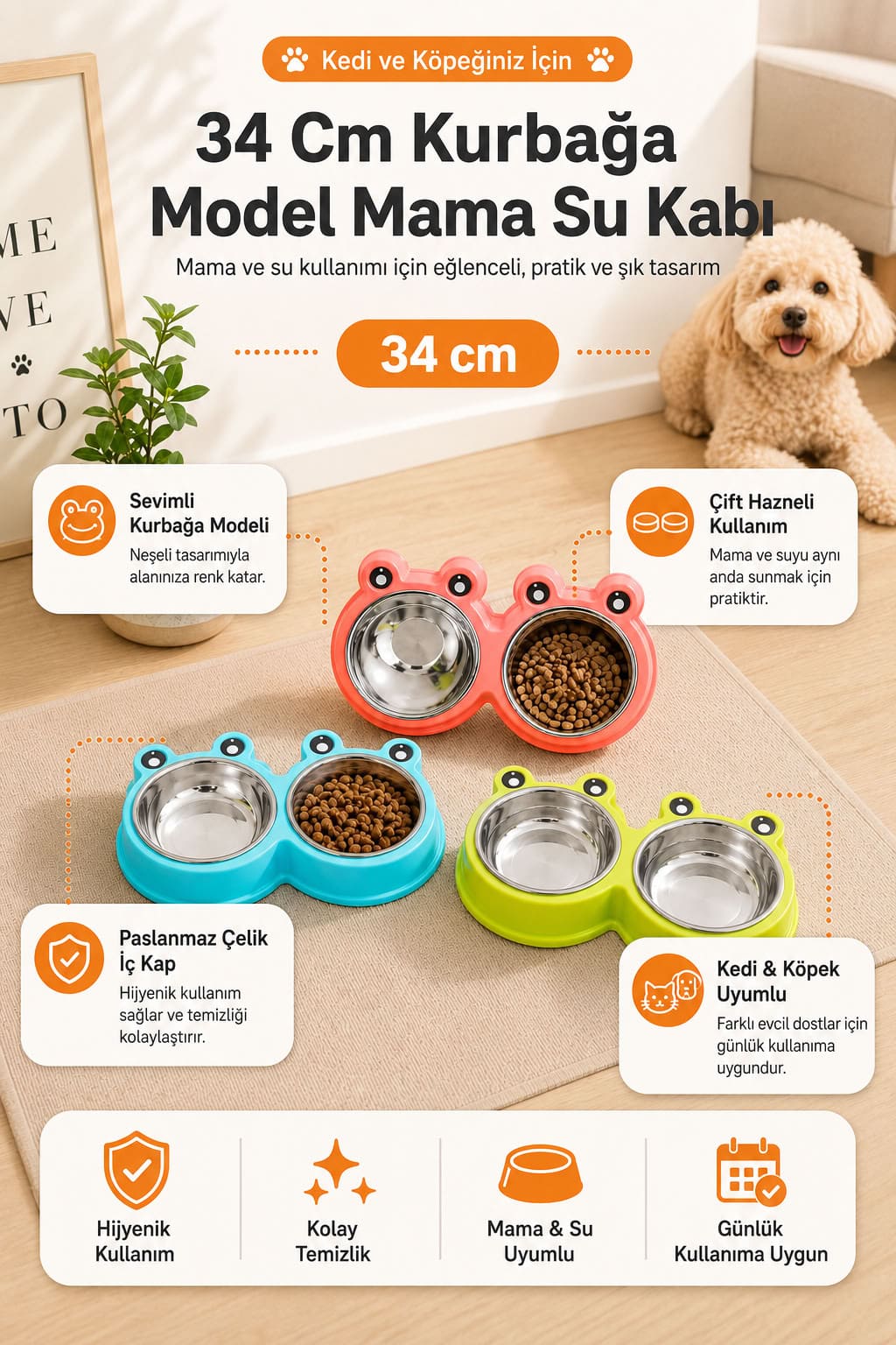 Kurbağa model ikili mama su kabı, 34 cm ölçülü, paslanmaz çelik taslı, renkli çift hazneli kedi ve köpek mama su kabı