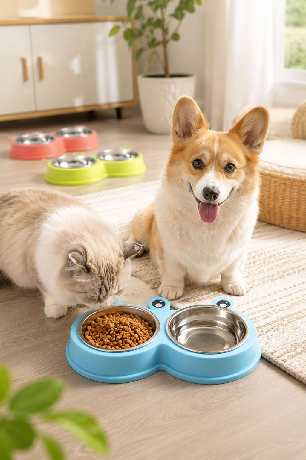 Kurbağa model ikili mama su kabı, 34 cm ölçülü, paslanmaz çelik taslı, renkli çift hazneli kedi ve köpek mama su kabı