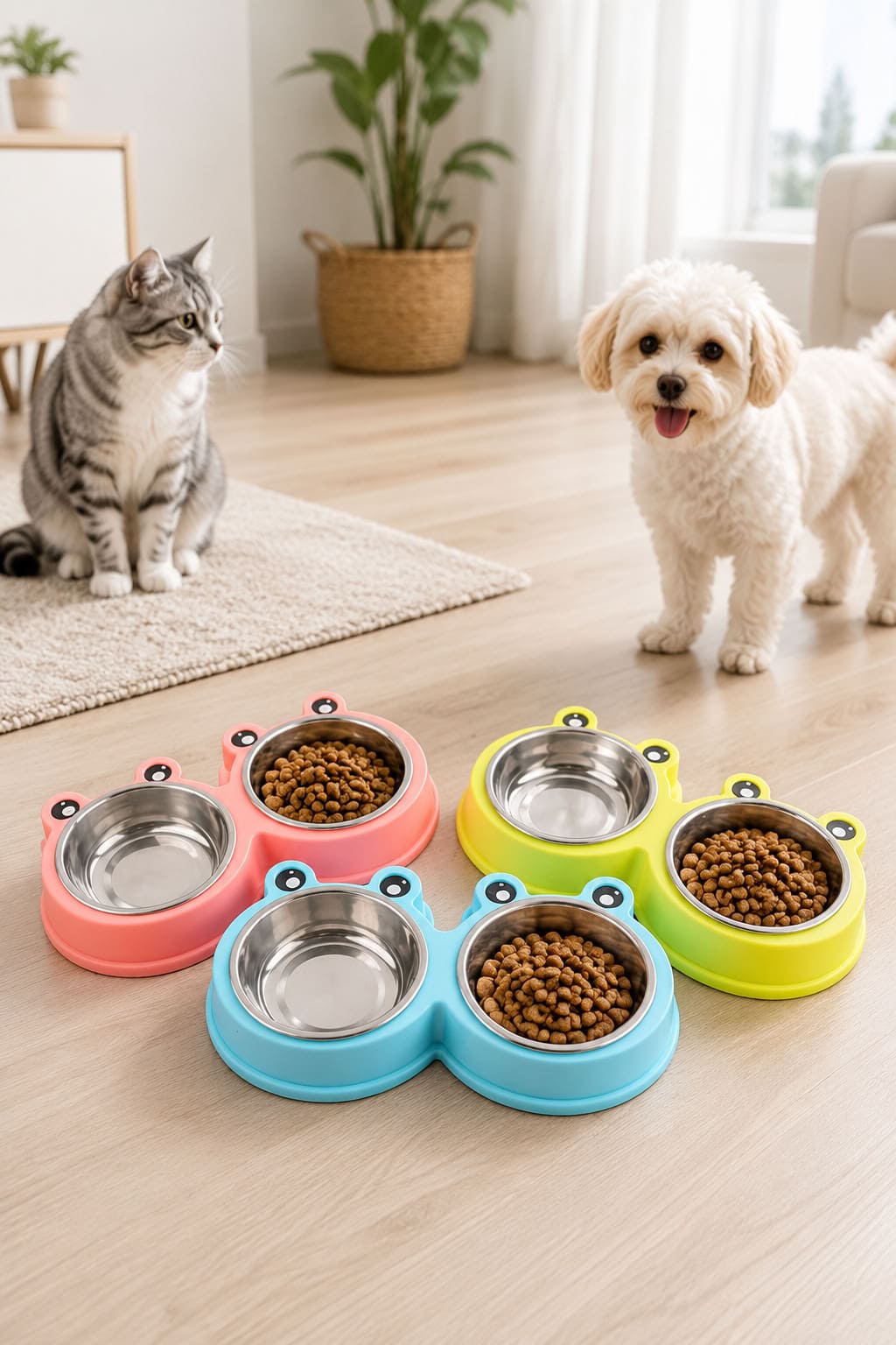 Kurbağa model ikili mama su kabı, 34 cm ölçülü, paslanmaz çelik taslı, renkli çift hazneli kedi ve köpek mama su kabı