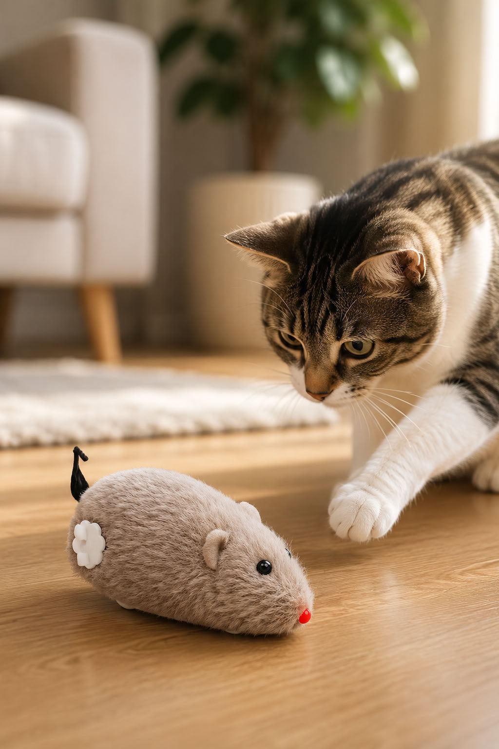 Kurmalı fare kedi oyuncağı, 12 cm peluş hareketli fare tasarımı, kedilerin takip, kovalamaca ve av oyunlarını destekleyen interaktif kedi oyuncağı