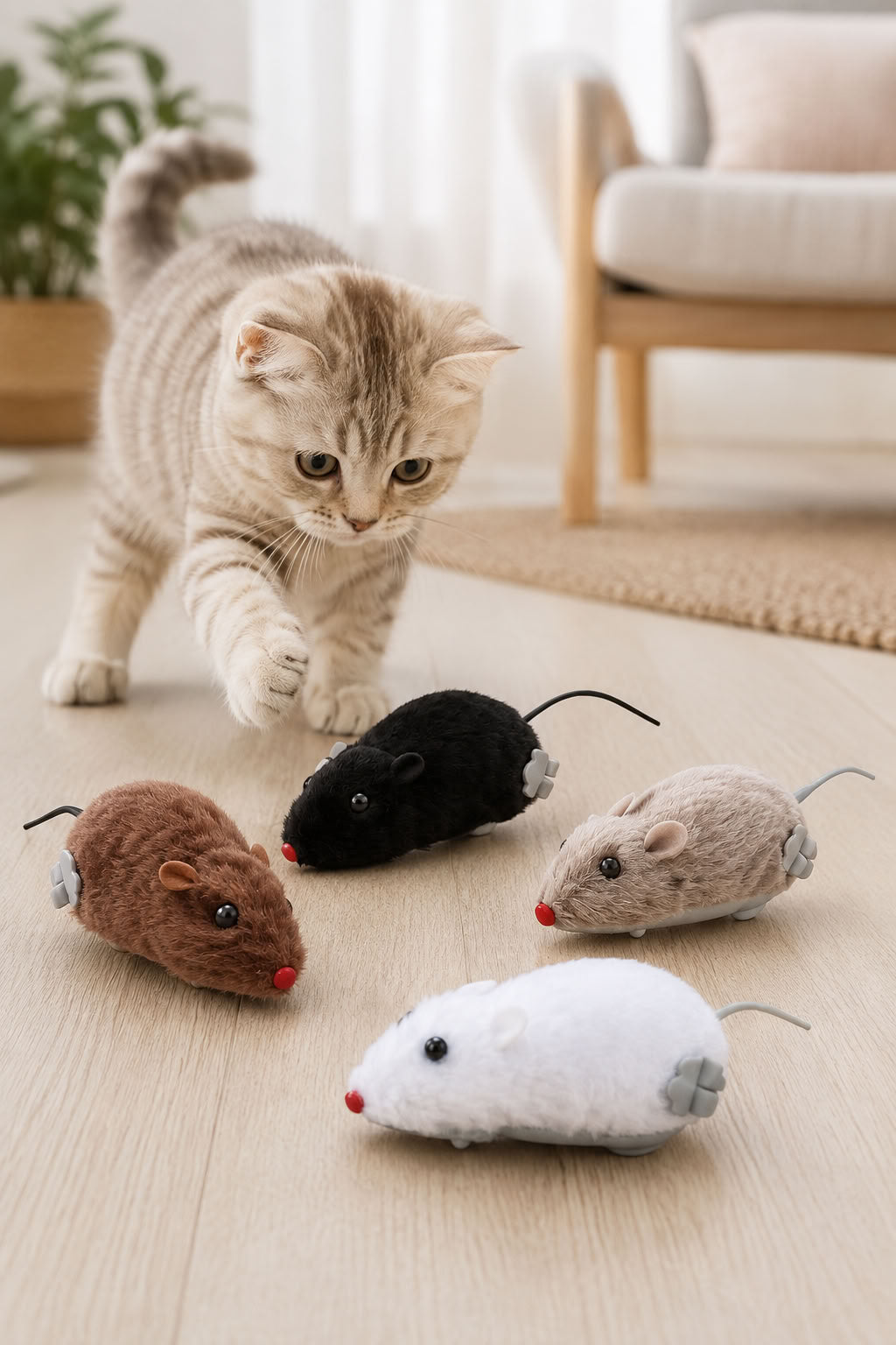 Kurmalı fare kedi oyuncağı, 12 cm peluş hareketli fare tasarımı, kedilerin takip, kovalamaca ve av oyunlarını destekleyen interaktif kedi oyuncağı