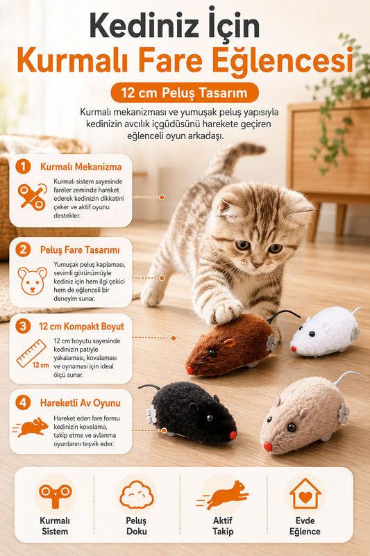 Kurmalı fare kedi oyuncağı, 12 cm peluş hareketli fare tasarımı, kedilerin takip, kovalamaca ve av oyunlarını destekleyen interaktif kedi oyuncağı
