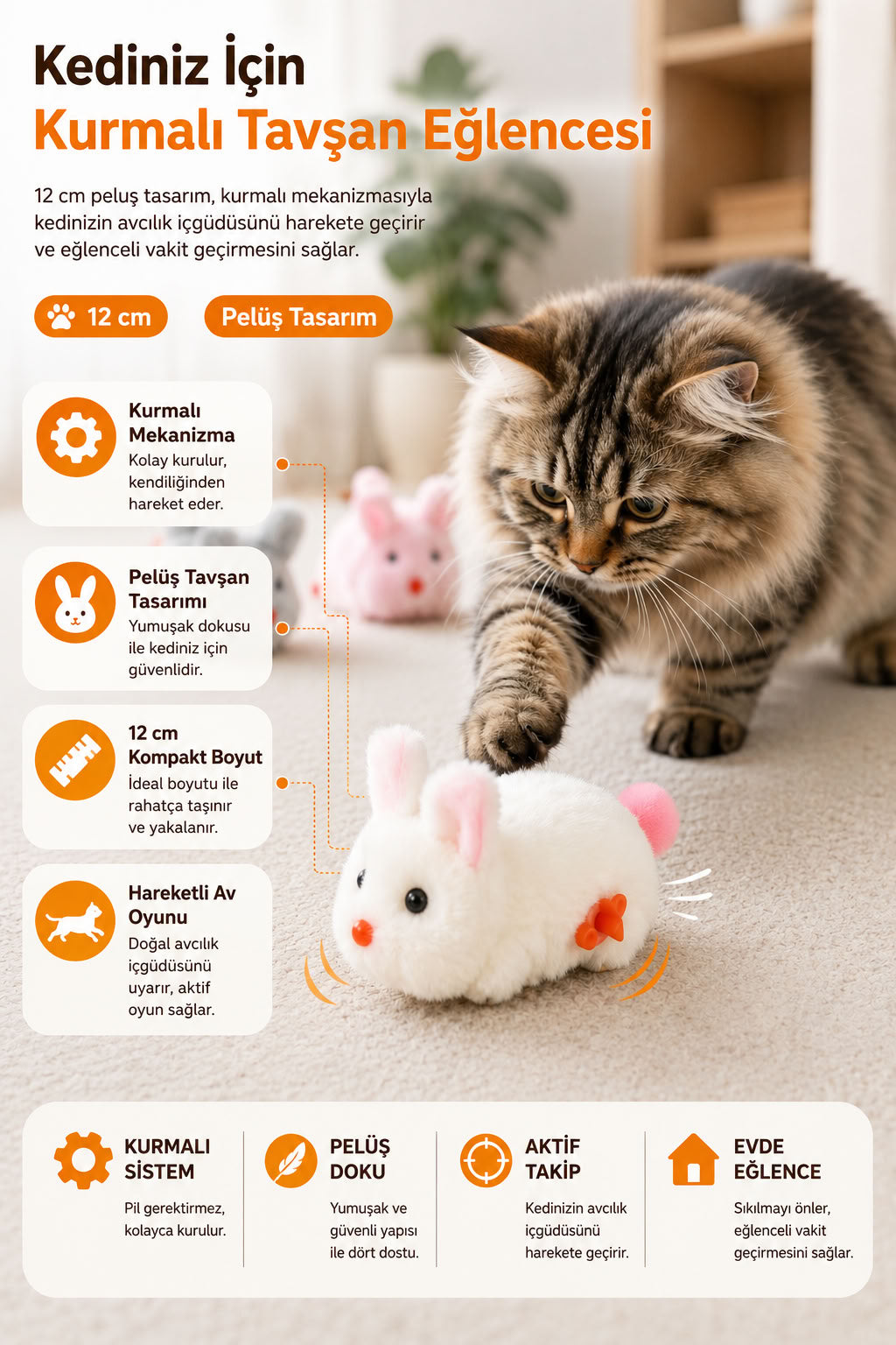 Kurmalı tavşan kedi oyuncağı, 12 cm peluş hareketli interaktif oyuncak, yavru ve yetişkin kedilerde takip, yakalama ve aktif oyun davranışını destekleyen kedi oyuncağı
