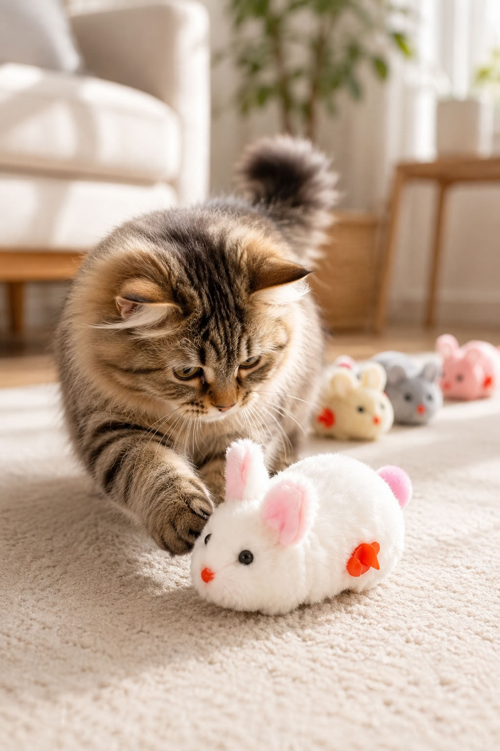 Kurmalı tavşan kedi oyuncağı, 12 cm peluş hareketli interaktif oyuncak, yavru ve yetişkin kedilerde takip, yakalama ve aktif oyun davranışını destekleyen kedi oyuncağı