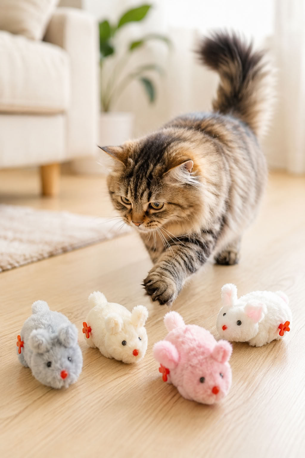 Kurmalı tavşan kedi oyuncağı, 12 cm peluş hareketli interaktif oyuncak, yavru ve yetişkin kedilerde takip, yakalama ve aktif oyun davranışını destekleyen kedi oyuncağı