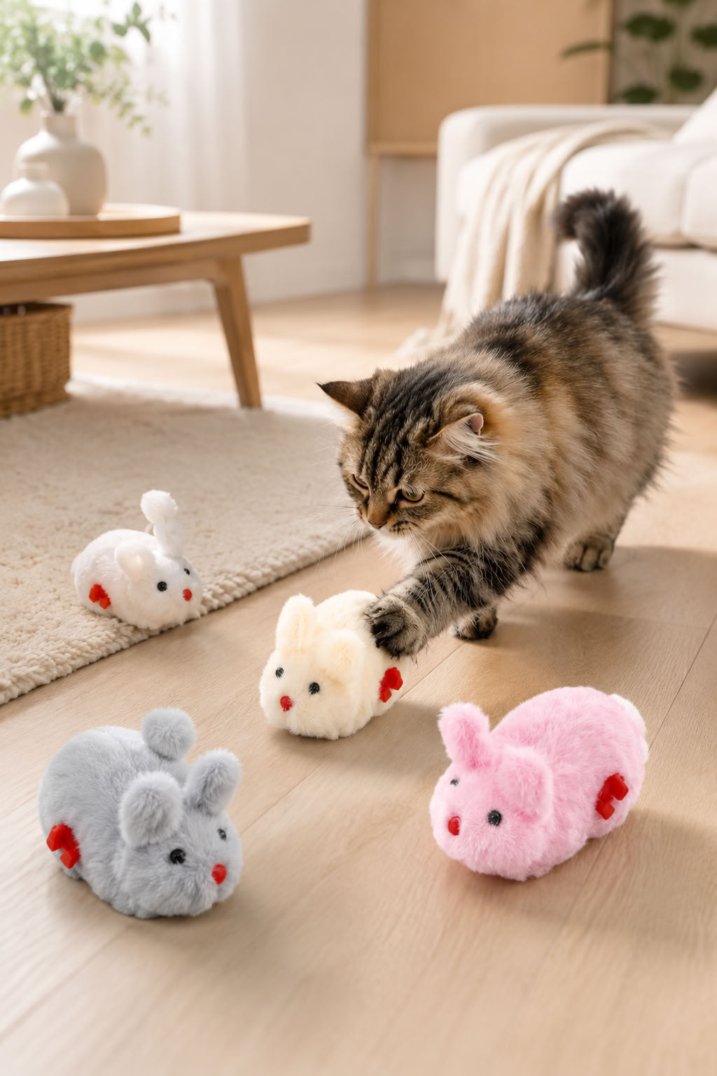 Kurmalı tavşan kedi oyuncağı, 12 cm peluş hareketli interaktif oyuncak, yavru ve yetişkin kedilerde takip, yakalama ve aktif oyun davranışını destekleyen kedi oyuncağı