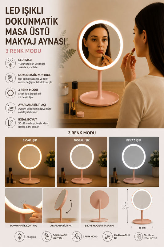 LED ışıklı dokunmatik masa üstü makyaj aynası, 3 renk modlu, ayarlanabilir açılı yuvarlak kozmetik ayna 30x18 cm