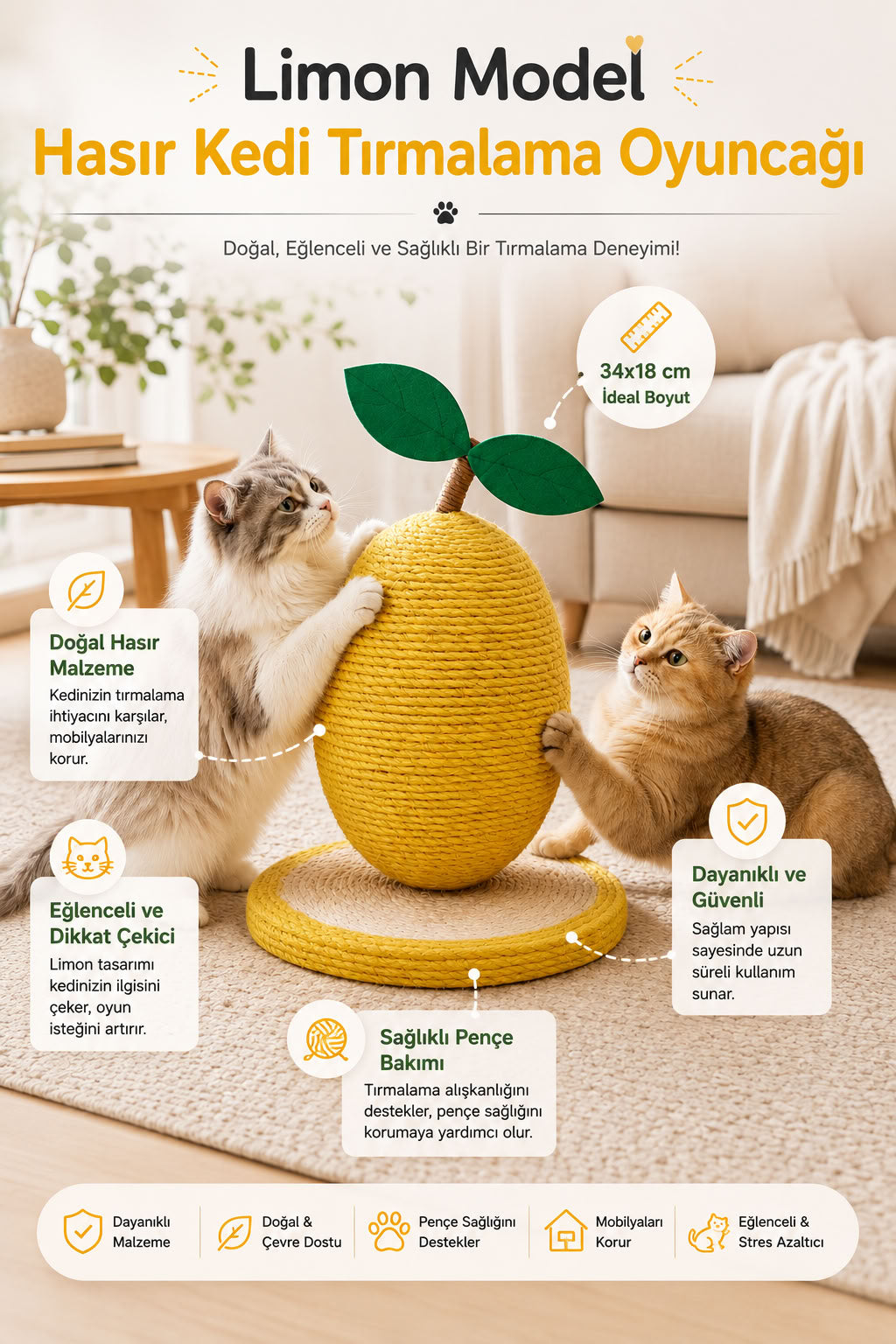 Limon model hasır kedi tırmalama oyuncağı, 34x18 cm doğal kedi tırmalama tahtası, dekoratif kedi oyuncağı ve sabit tabanlı tırmalama ürünü