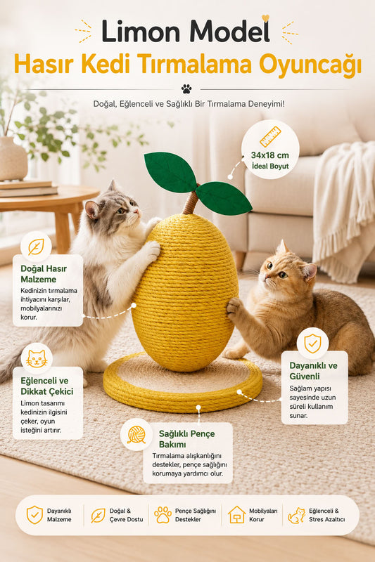 Limon model hasır kedi tırmalama oyuncağı, 34x18 cm doğal kedi tırmalama tahtası, dekoratif kedi oyuncağı ve sabit tabanlı tırmalama ürünü