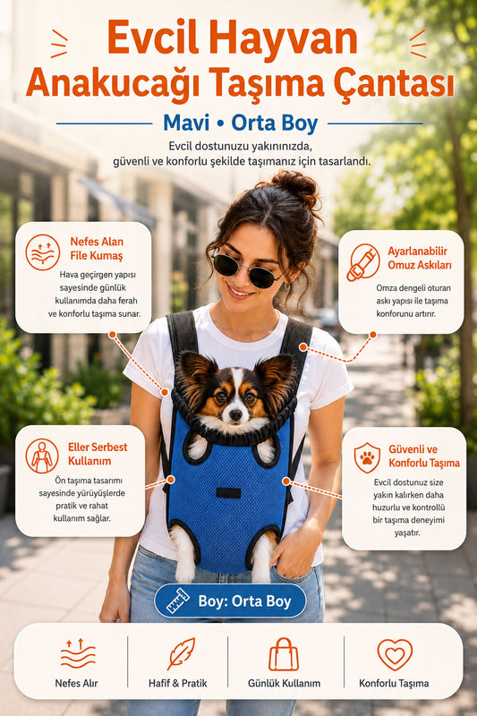 Mavi orta boy evcil hayvan anakucağı taşıma çantası, nefes alan file kumaşlı, ayarlanabilir omuz askılı, kedi ve küçük ırk köpekler için konforlu ön taşıma çantası