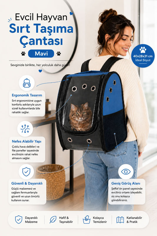 Mavi kedi köpek taşıma sırt çantası, 40x28x31 cm şeffaf panelli evcil hayvan taşıma çantası, nefes alabilir seyahat çantası