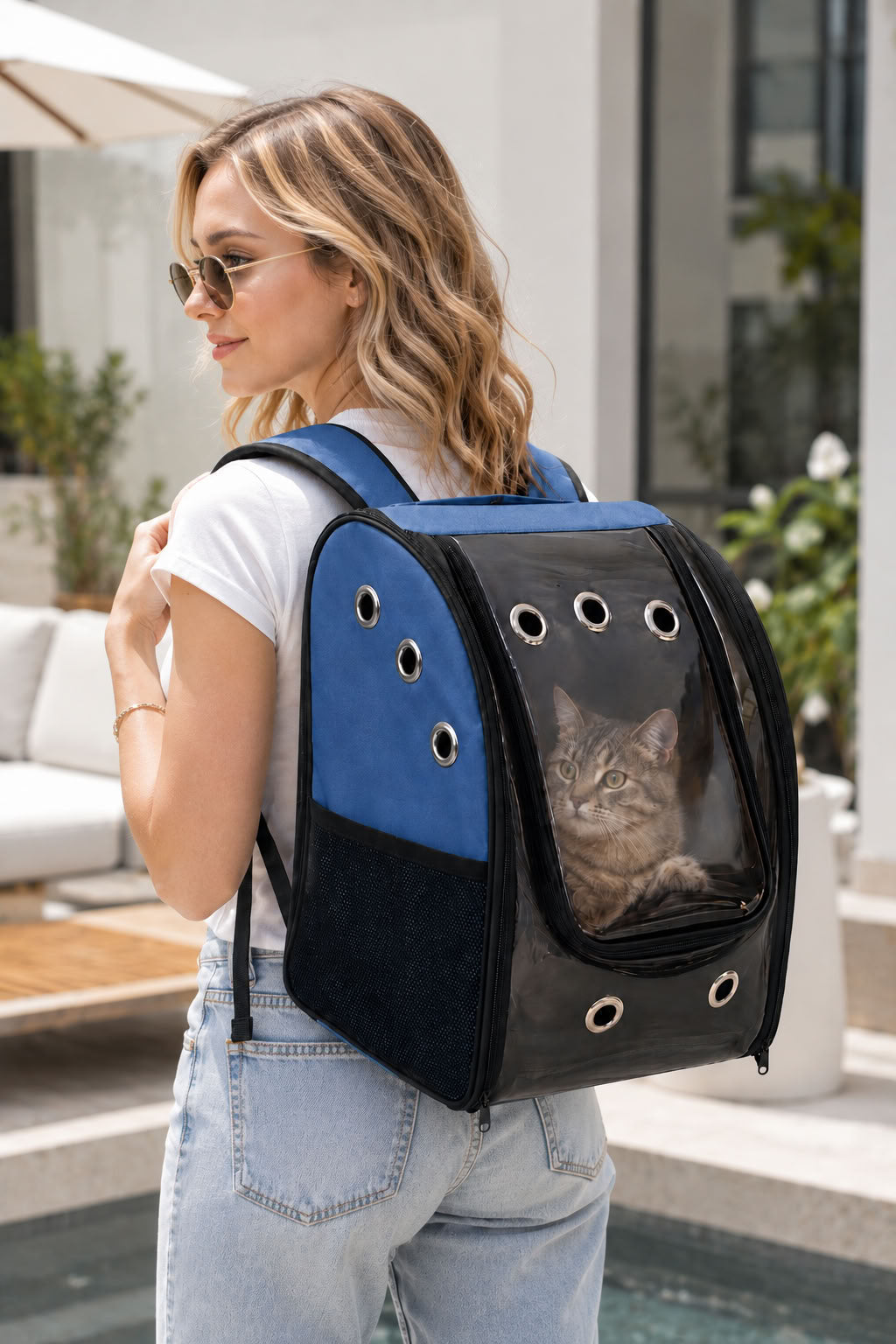 Mavi kedi köpek taşıma sırt çantası, 40x28x31 cm şeffaf panelli evcil hayvan taşıma çantası, nefes alabilir seyahat çantası