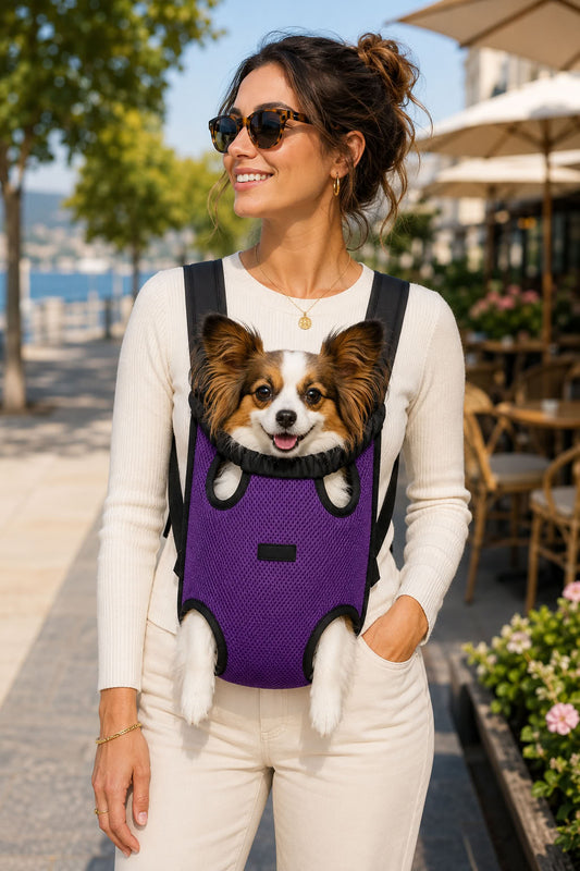 Mor orta boy evcil hayvan anakucağı taşıma çantası, nefes alan file kumaşlı, ayarlanabilir omuz askılı, kedi ve küçük ırk köpekler için konforlu ön taşıma çantası