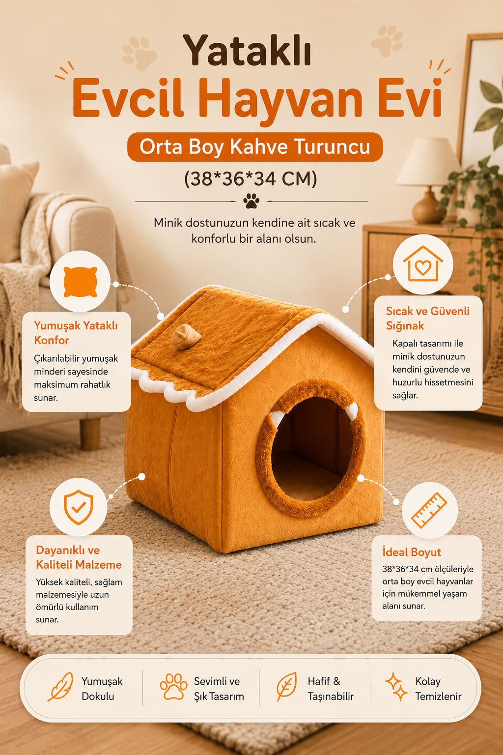 Kahve turuncu orta boy yataklı evcil hayvan evi, kapalı kedi evi, yumuşak kedi yatağı ve dekoratif kedi yuvası