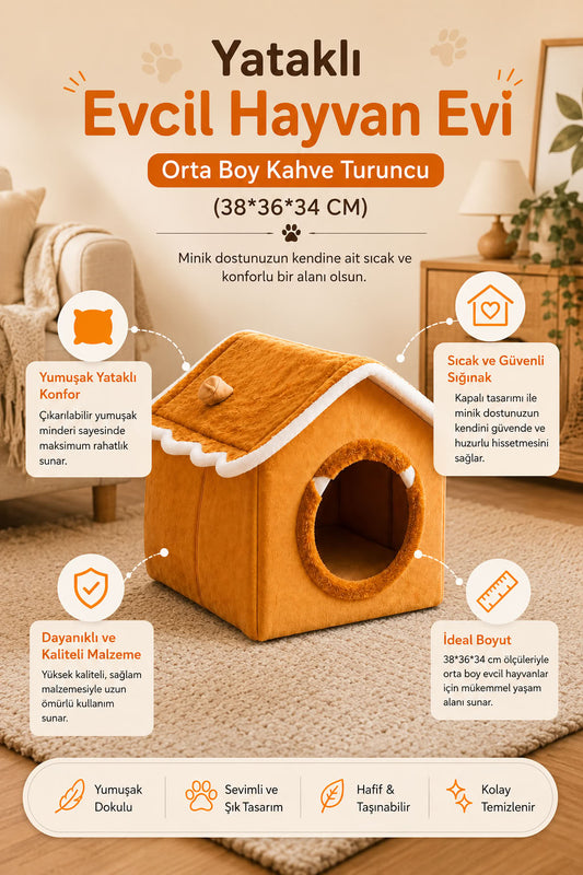 Kahve turuncu orta boy yataklı evcil hayvan evi, kapalı kedi evi, yumuşak kedi yatağı ve dekoratif kedi yuvası