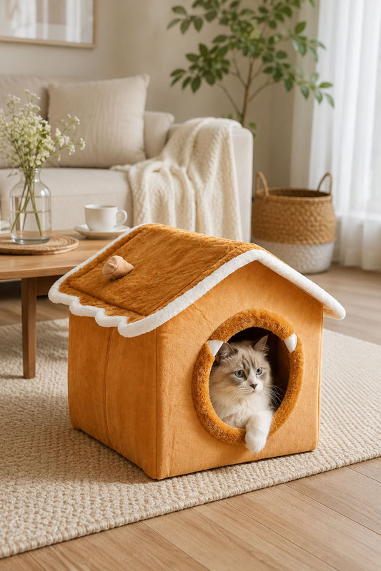 Kahve turuncu orta boy yataklı evcil hayvan evi, kapalı kedi evi, yumuşak kedi yatağı ve dekoratif kedi yuvası