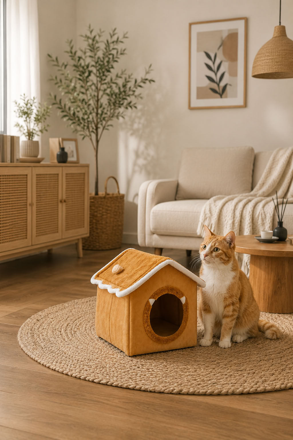 Kahve turuncu orta boy yataklı evcil hayvan evi, kapalı kedi evi, yumuşak kedi yatağı ve dekoratif kedi yuvası