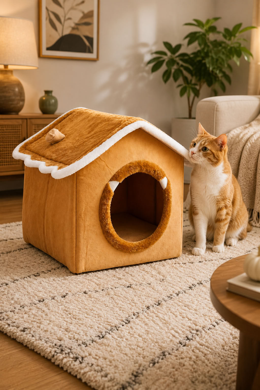 Kahve turuncu orta boy yataklı evcil hayvan evi, kapalı kedi evi, yumuşak kedi yatağı ve dekoratif kedi yuvası
