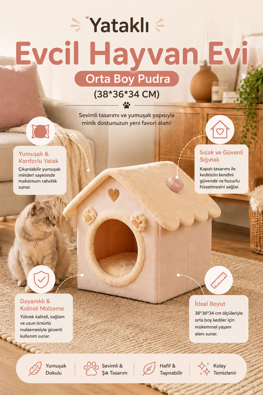 Orta Boy Yataklı Kedi Evi ve Köpek Evi 38x36x34 cm Pudra