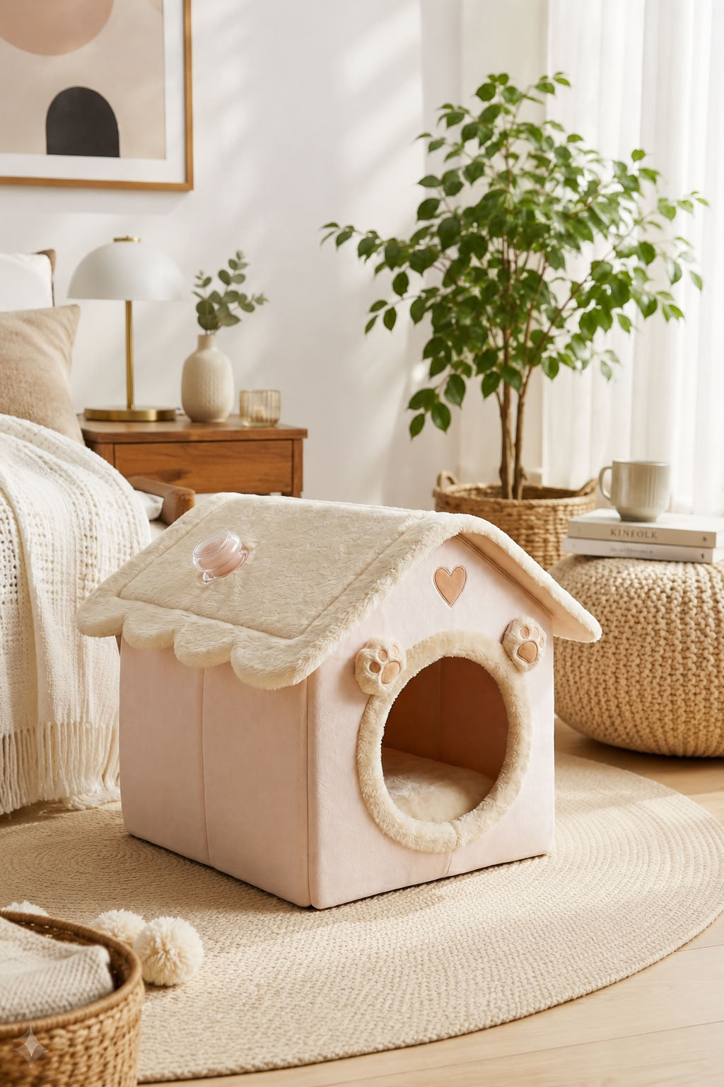 Orta Boy Yataklı Kedi Evi ve Köpek Evi 38x36x34 cm Pudra