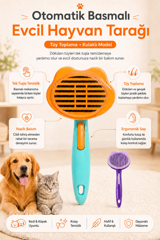Otomatik basmalı evcil hayvan tarağı, kulaklı model kedi köpek tüy toplama tarağı, tek tuş temizlemeli ergonomik bakım tarağı