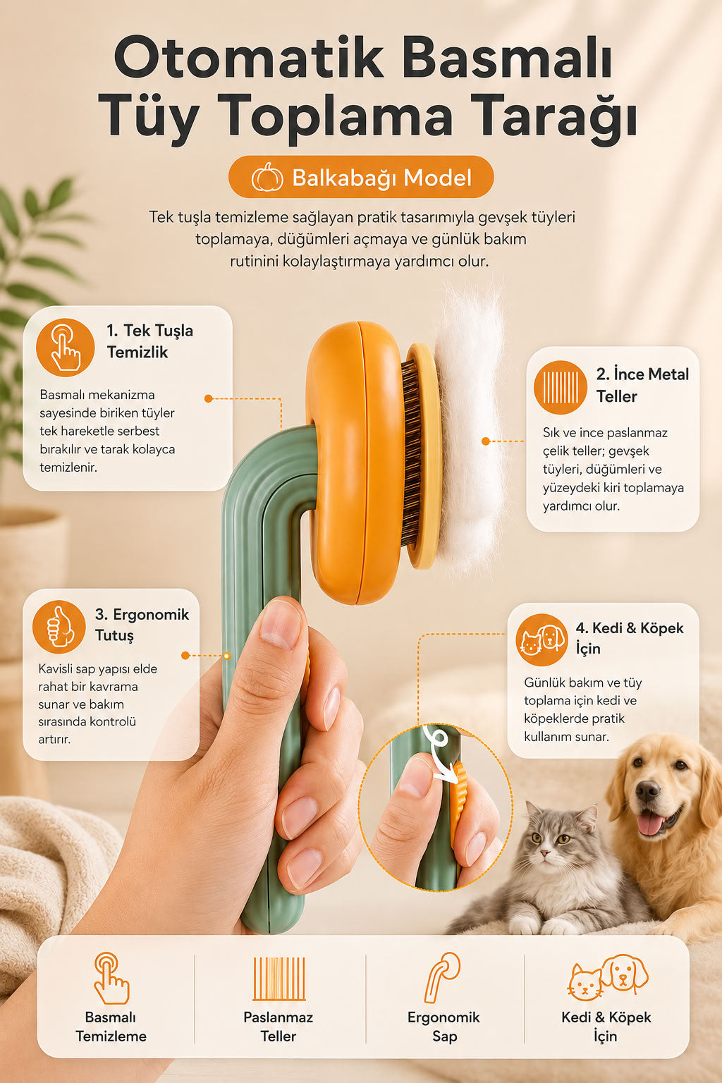 Otomatik basmalı kedi köpek tüy toplama tarağı, balkabağı model ergonomik kedi tarağı, ince metal telli evcil hayvan bakım tarağı