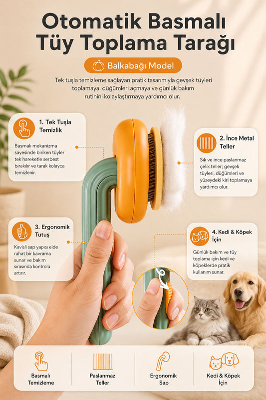 Otomatik basmalı kedi köpek tüy toplama tarağı, balkabağı model ergonomik kedi tarağı, ince metal telli evcil hayvan bakım tarağı