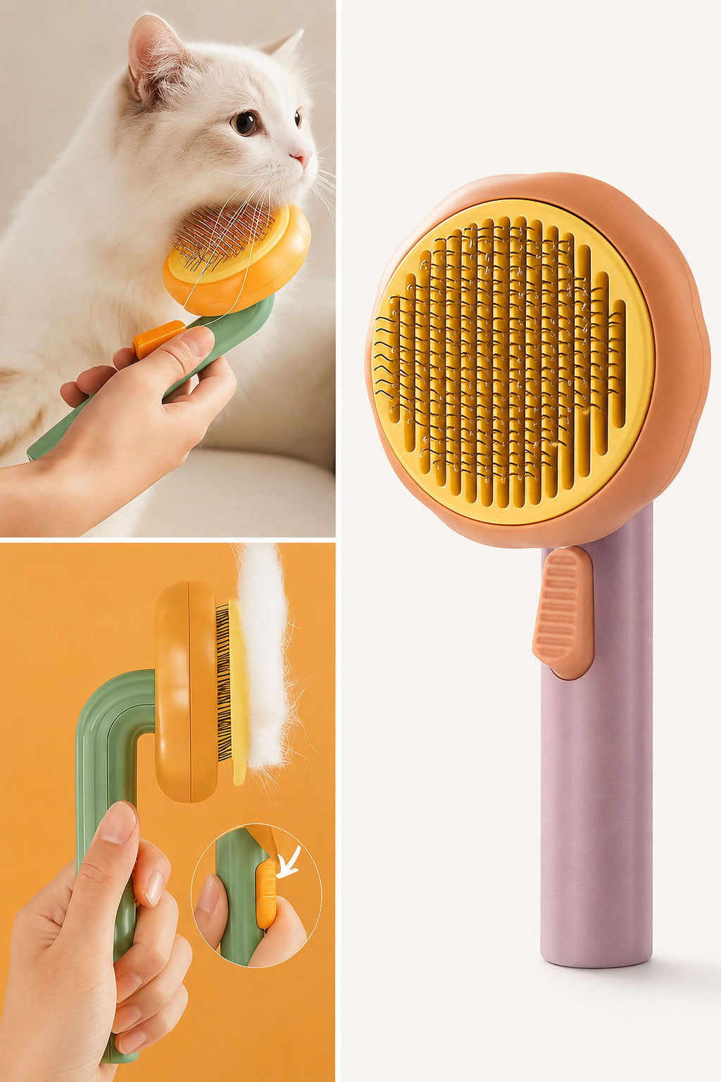 Otomatik basmalı kedi köpek tüy toplama tarağı, balkabağı model ergonomik kedi tarağı, ince metal telli evcil hayvan bakım tarağı