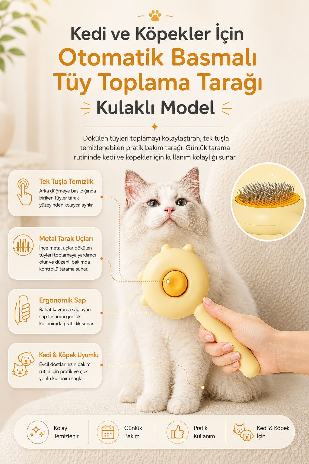 Otomatik basmalı kedi ve köpek tarağı, tek tuşla temizlenen kulaklı model tüy toplama tarağı, metal uçlu ergonomik saplı evcil hayvan bakım tarağı