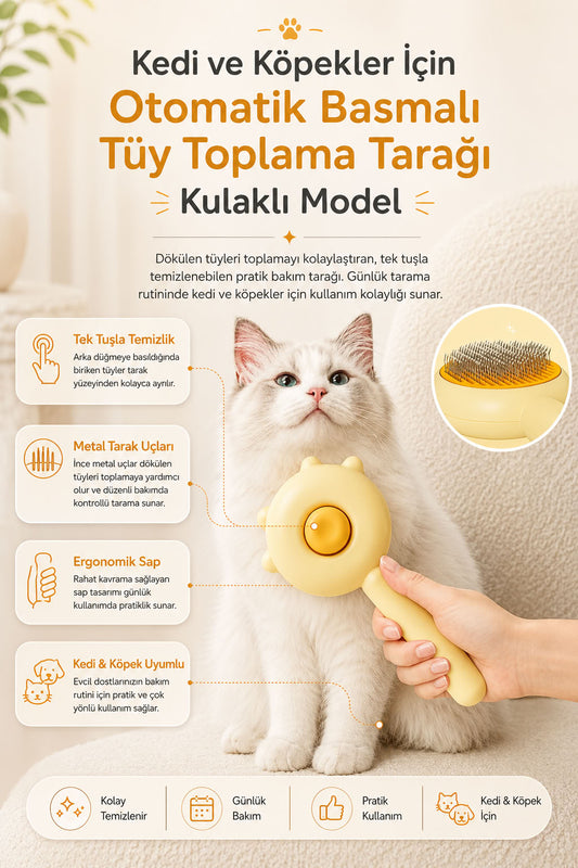 Otomatik basmalı kedi ve köpek tarağı, tek tuşla temizlenen kulaklı model tüy toplama tarağı, metal uçlu ergonomik saplı evcil hayvan bakım tarağı